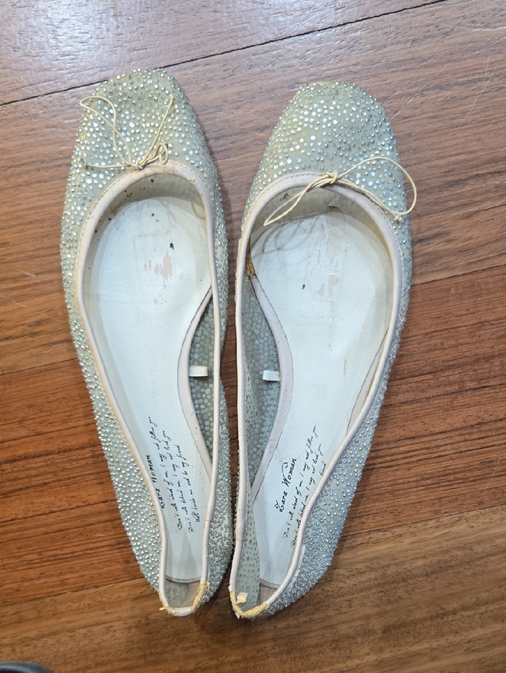 Zara Champagne Crystal Bow Ballet Flats Sz 39
